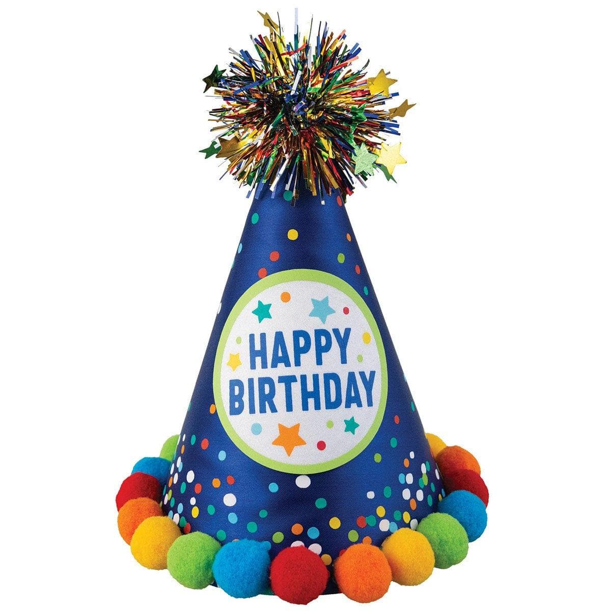 Multicolour Birthday Cone Hat with Pompoms - Party Expert